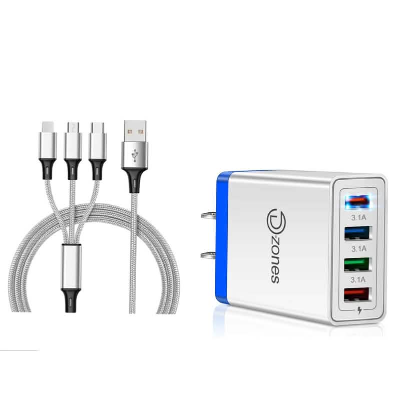 2-Piece Set: 4-Port High Speed Wall Charger + 3-in-1 Cable Combo