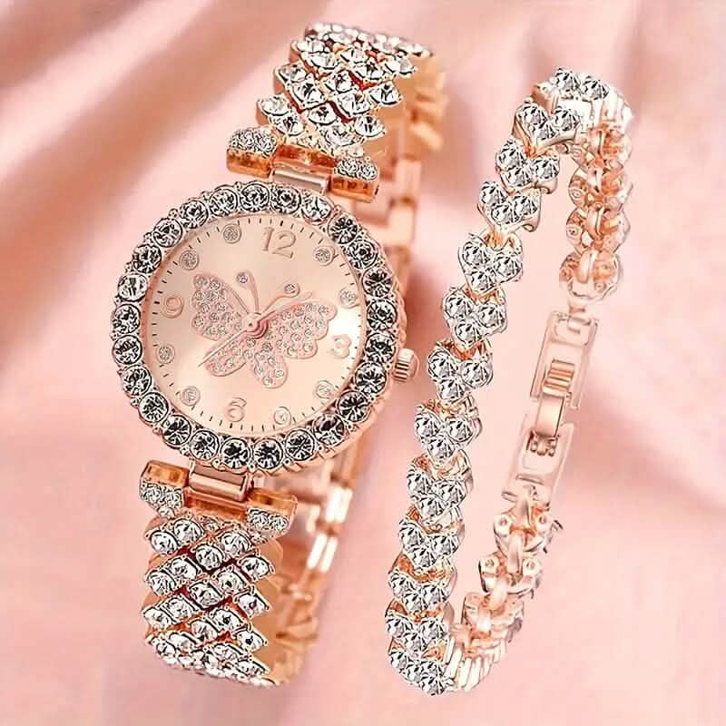 2-Piece Set: Butterfly Quartz Stainless Steel Band Wrist Watch and Bracelet