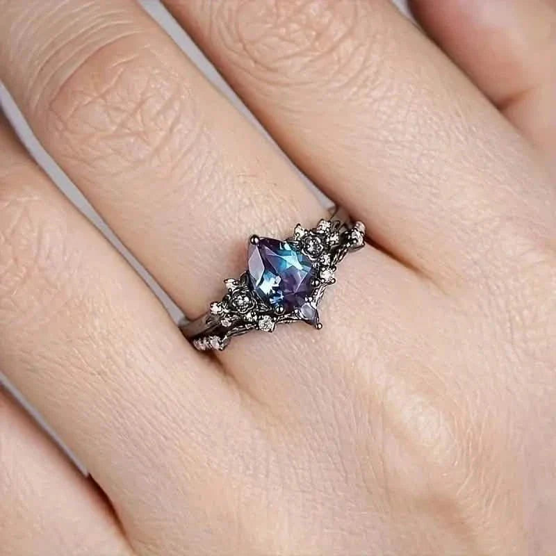 2-Piece Set: Gothic Black & Golden Engagement Ring Set with Pear-Shaped Cubic Zirconia