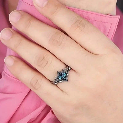 2-Piece Set: Gothic Black & Golden Engagement Ring Set with Pear-Shaped Cubic Zirconia