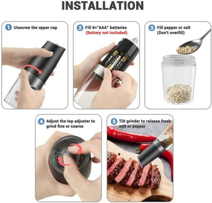 2-Piece Set: Gravity Electric Salt and Pepper Grinder Set, Battery Powered LED Light One Hand Automatic Operation