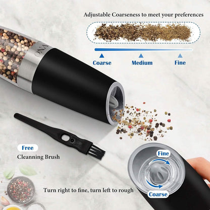 2-Piece Set: Gravity Electric Salt and Pepper Grinder Set, Battery Powered LED Light One Hand Automatic Operation