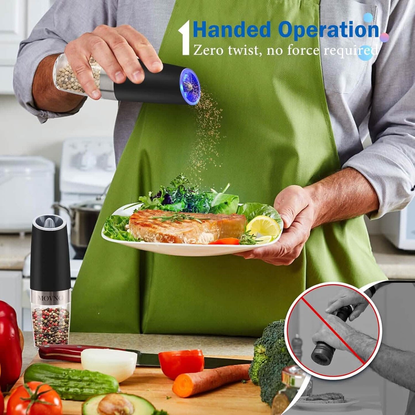 2-Piece Set: Gravity Electric Salt and Pepper Grinder Set, Battery Powered LED Light One Hand Automatic Operation