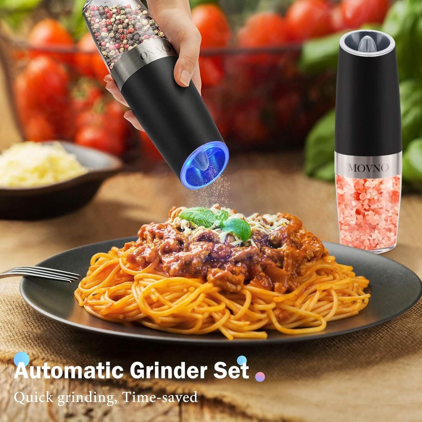 2-Piece Set: Gravity Electric Salt and Pepper Grinder Set, Battery Powered LED Light One Hand Automatic Operation