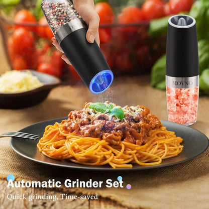 2-Piece Set: Gravity Electric Salt and Pepper Grinder Set, Battery Powered LED Light One Hand Automatic Operation