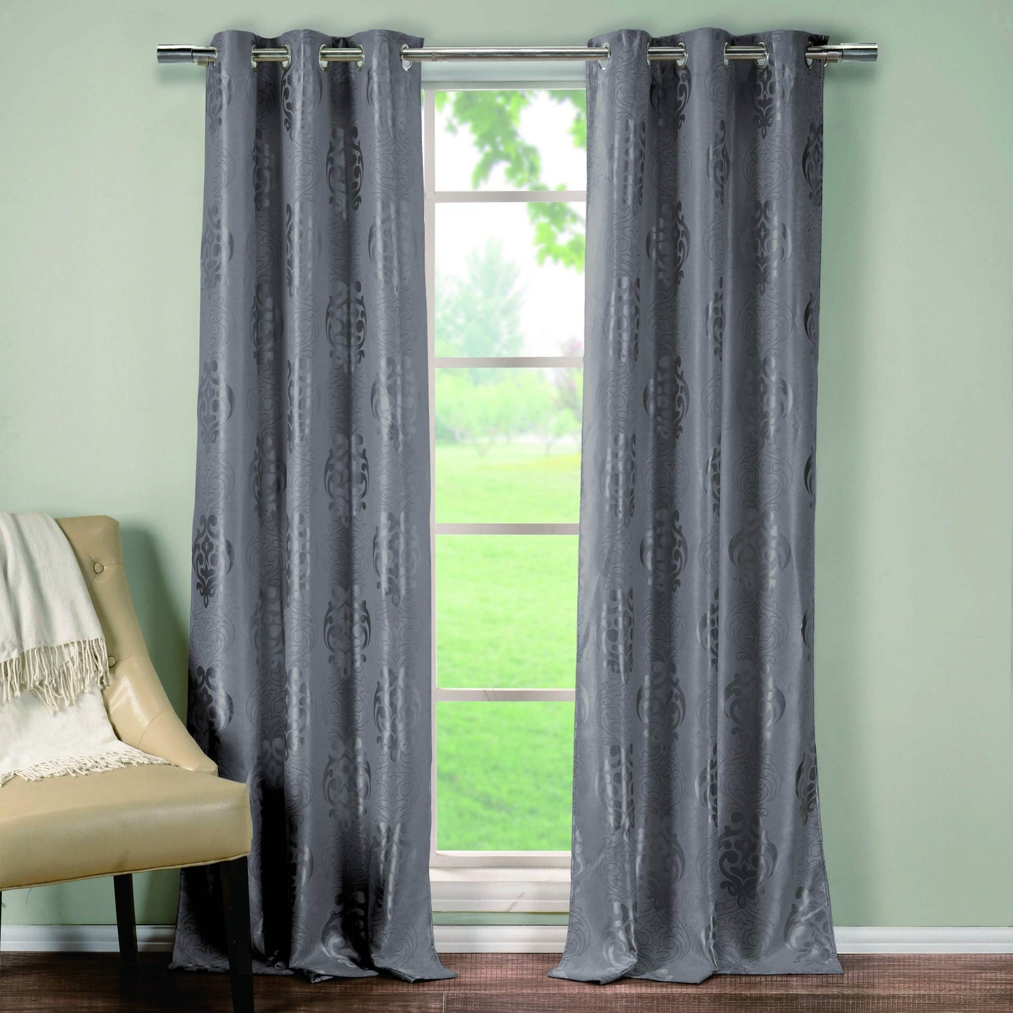 2-Piece Set: Heavy Medallion Print Insulated Blackout Grommet Window Curtain Set