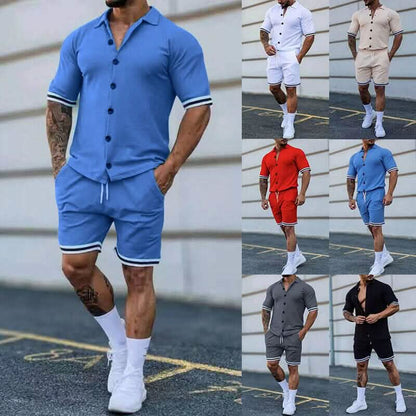 2-Piece Set: Men's Short Sleeve Plain Stripes Lapel