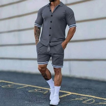 2-Piece Set: Men's Short Sleeve Plain Stripes Lapel