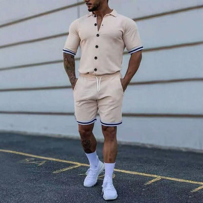 2-Piece Set: Men's Short Sleeve Plain Stripes Lapel