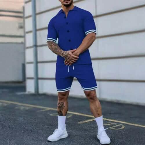 2-Piece Set: Men's Short Sleeve Plain Stripes Lapel