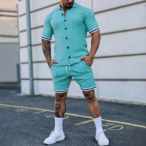 2-Piece Set: Men's Short Sleeve Plain Stripes Lapel
