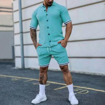 2-Piece Set: Men's Short Sleeve Plain Stripes Lapel