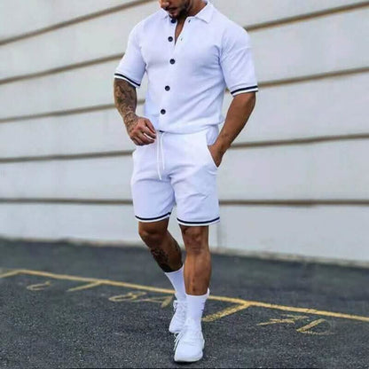 2-Piece Set: Men's Short Sleeve Plain Stripes Lapel