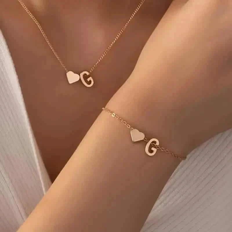 2-Piece Set: Metal Heart And English Letter Necklace And Bracelet