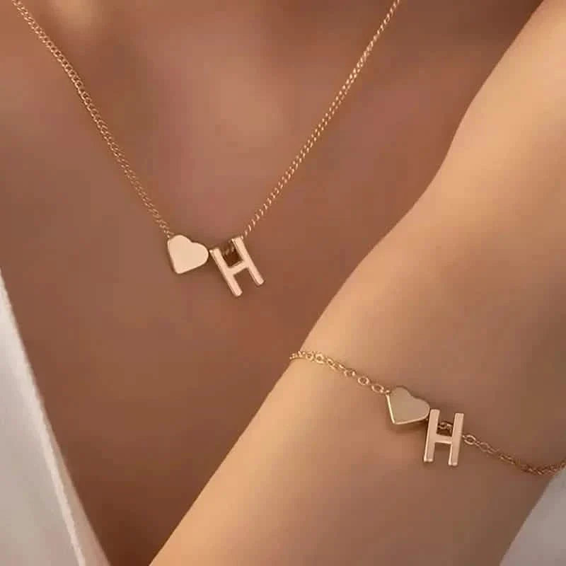 2-Piece Set: Metal Heart And English Letter Necklace And Bracelet
