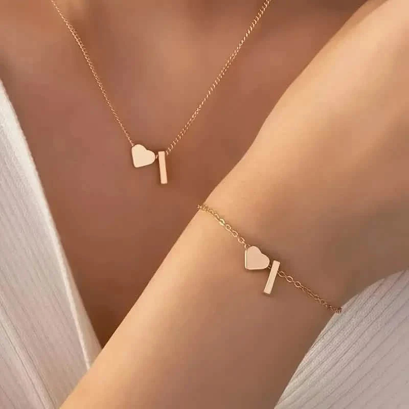 2-Piece Set: Metal Heart And English Letter Necklace And Bracelet