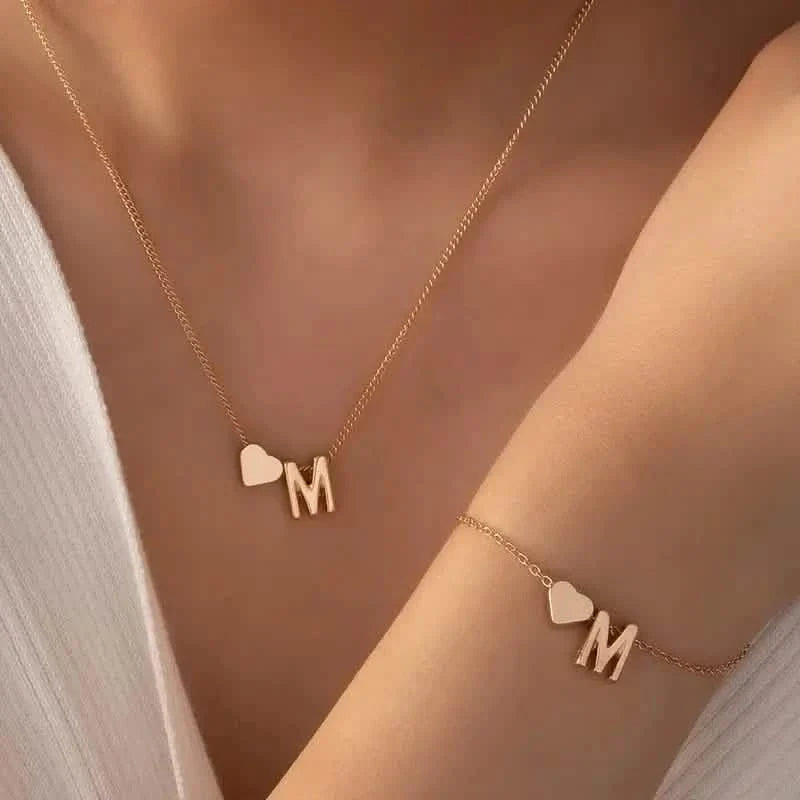 2-Piece Set: Metal Heart And English Letter Necklace And Bracelet