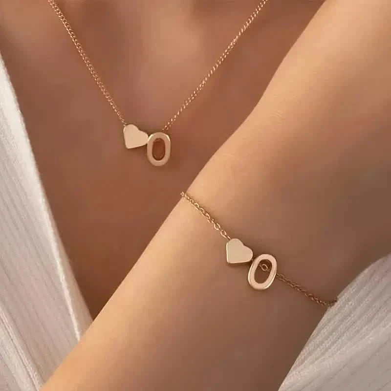 2-Piece Set: Metal Heart And English Letter Necklace And Bracelet