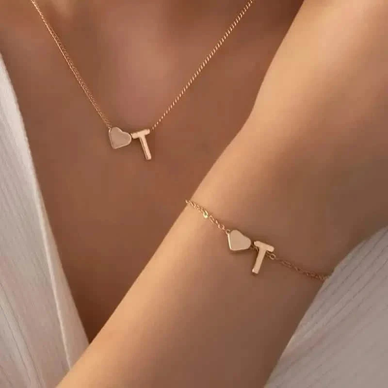 2-Piece Set: Metal Heart And English Letter Necklace And Bracelet
