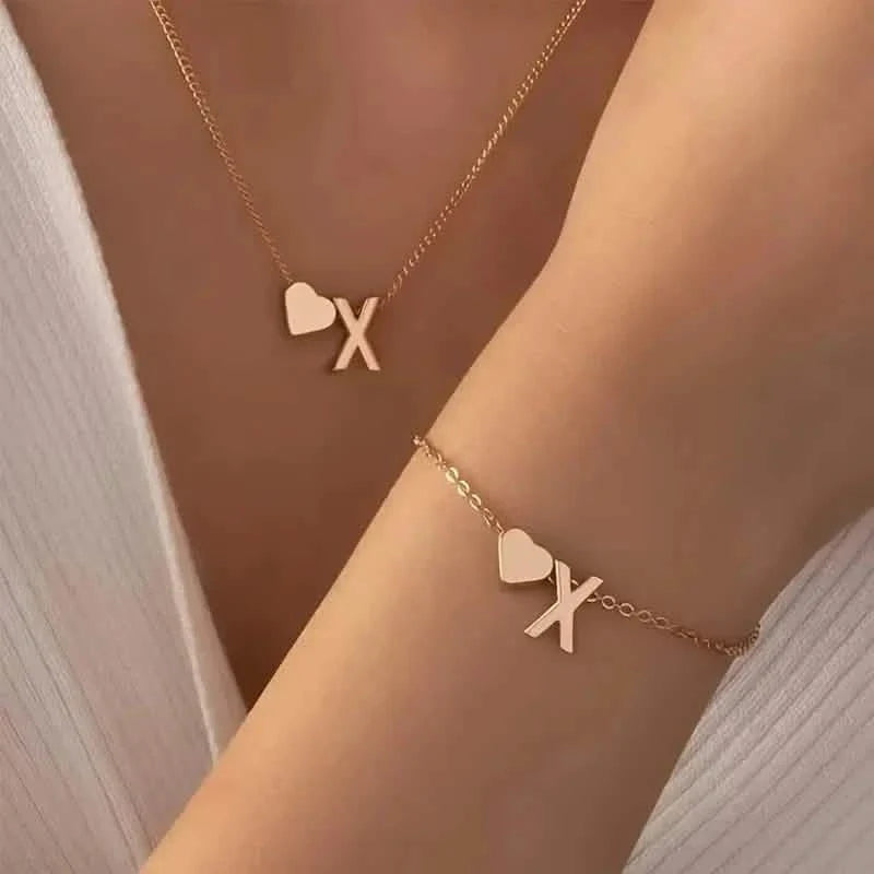 2-Piece Set: Metal Heart And English Letter Necklace And Bracelet