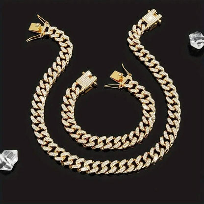 2-Piece Set: Unisex Hip Hop Cuban Chain Necklace and 8" Bracelet
