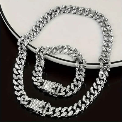2-Piece Set: Unisex Hip Hop Cuban Chain Necklace and 8" Bracelet