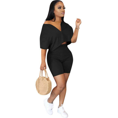 2-Piece Set: Women Solid Color Short Sleeves Zipper Casual Jumpsuit Outfits