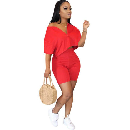 2-Piece Set: Women Solid Color Short Sleeves Zipper Casual Jumpsuit Outfits