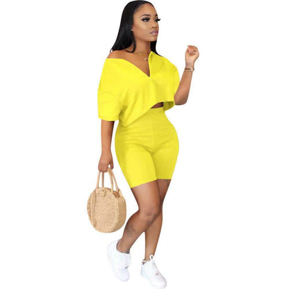2-Piece Set: Women Solid Color Short Sleeves Zipper Casual Jumpsuit Outfits