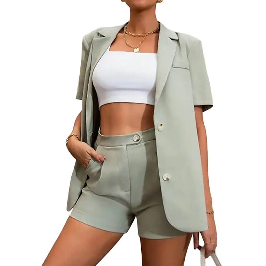 2-Piece Set: Women's Solid Color Blazer Shorts