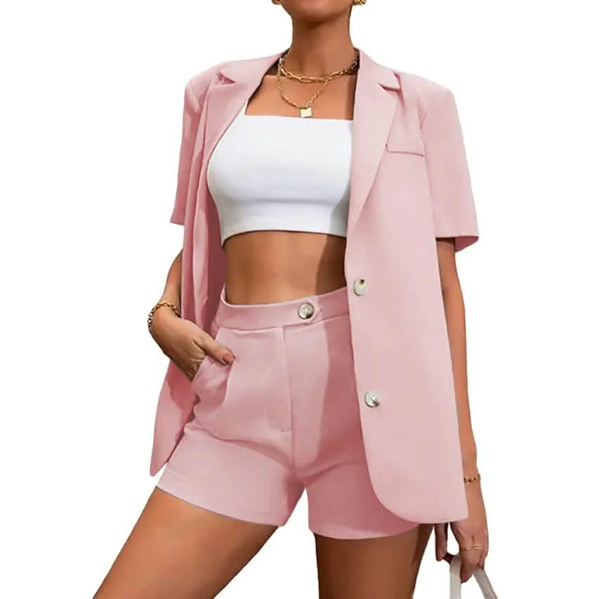 2-Piece Set: Women's Solid Color Blazer Shorts
