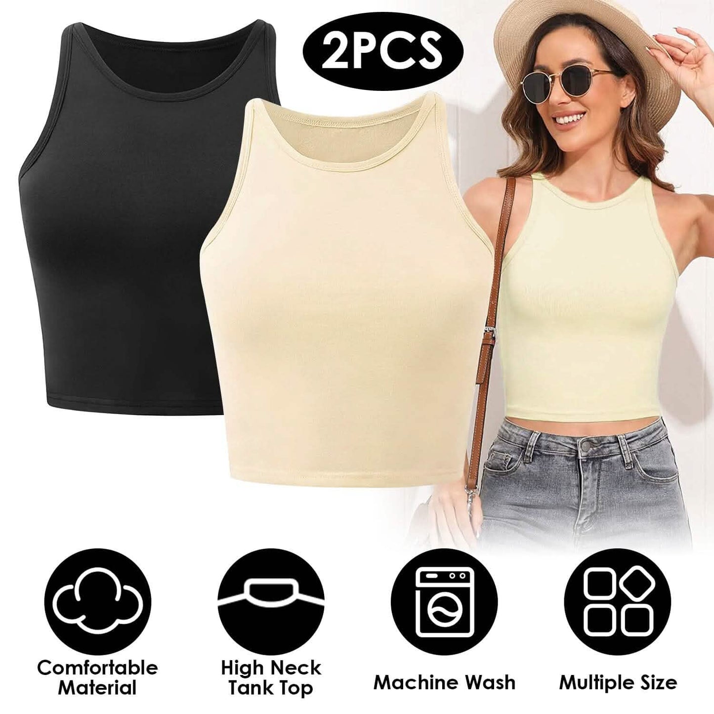 2-Piece: Women Sleeveless Cropped Tank top High Neck