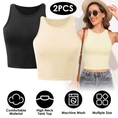 2-Piece: Women Sleeveless Cropped Tank top High Neck