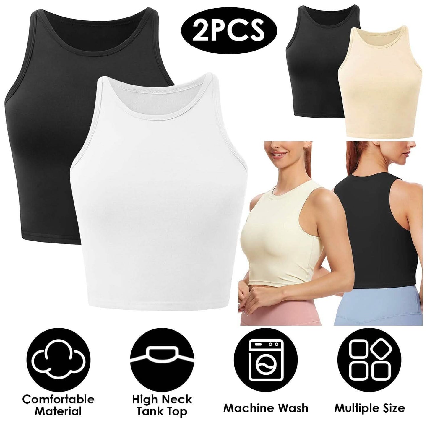 2-Piece: Women Sleeveless Cropped Tank top High Neck