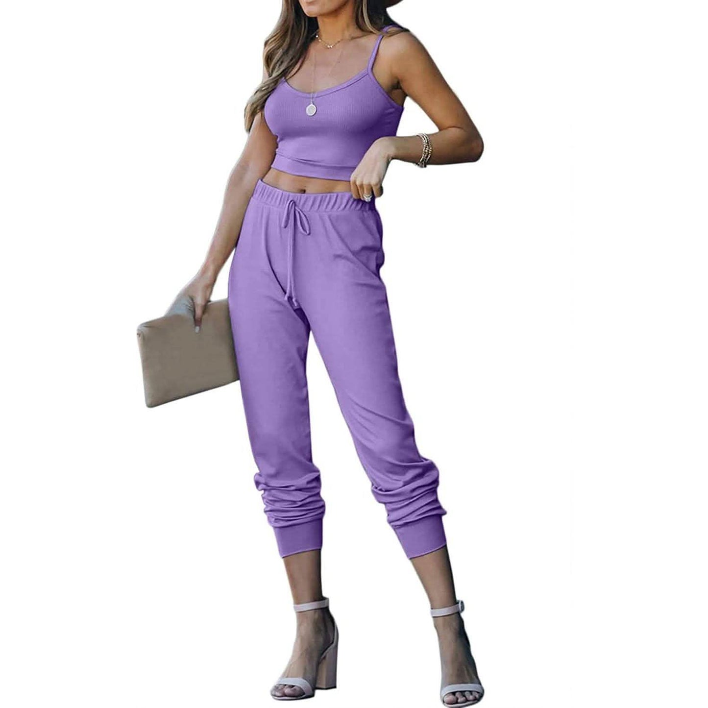 2-Piece: Women's Casual Outfit Ribbed Spaghetti Strap Top Ankle Length Joggers Sets