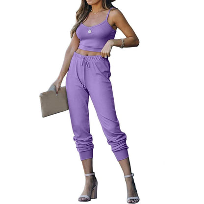 2-Piece: Women's Casual Outfit Ribbed Spaghetti Strap Top Ankle Length Joggers Sets