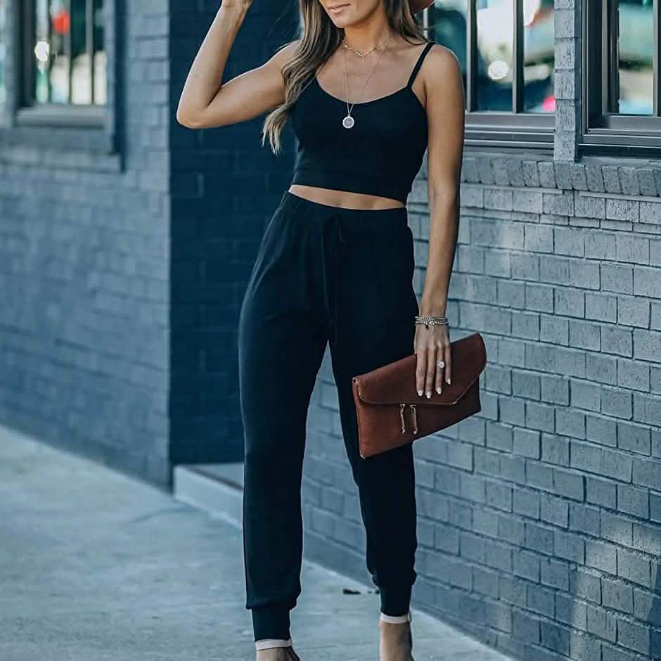 2-Piece: Women's Casual Outfit Ribbed Spaghetti Strap Top Ankle Length Joggers Sets
