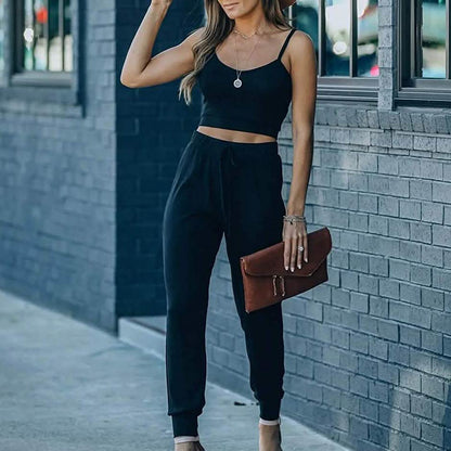 2-Piece: Women's Casual Outfit Ribbed Spaghetti Strap Top Ankle Length Joggers Sets