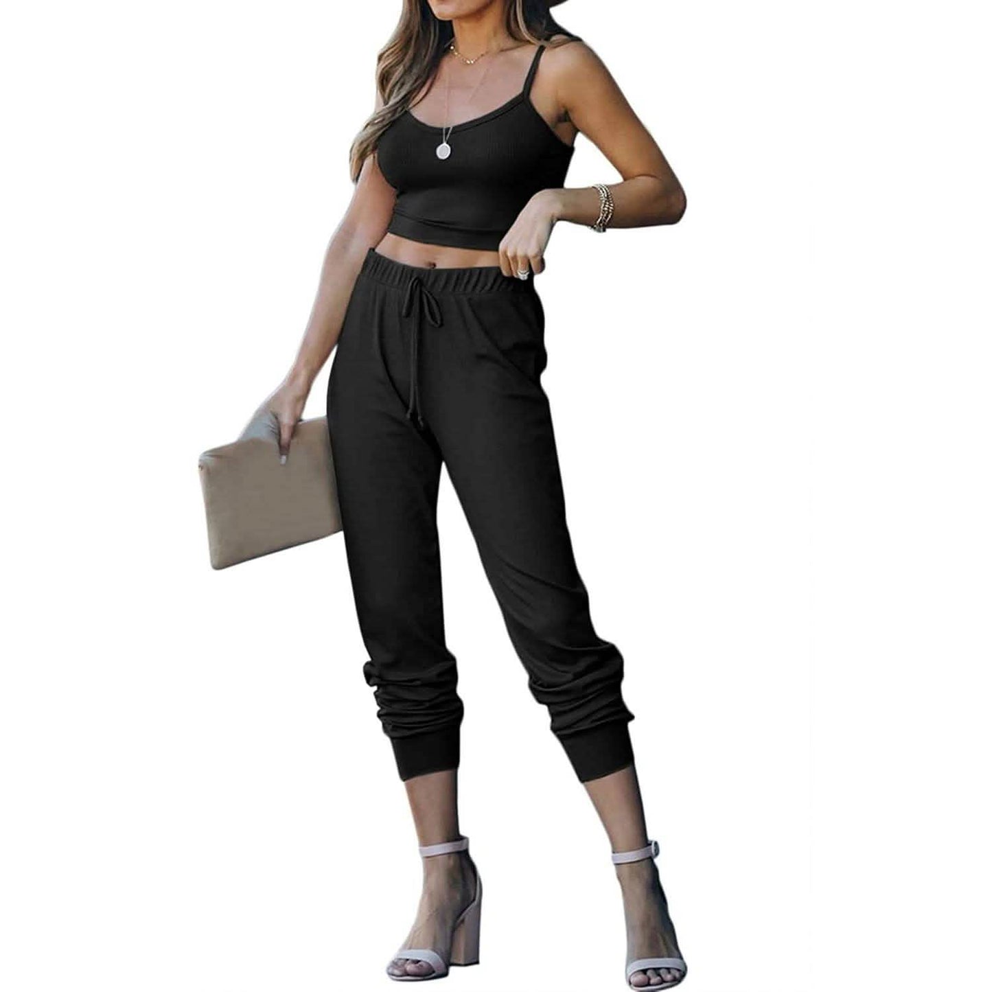 2-Piece: Women's Casual Outfit Ribbed Spaghetti Strap Top Ankle Length Joggers Sets