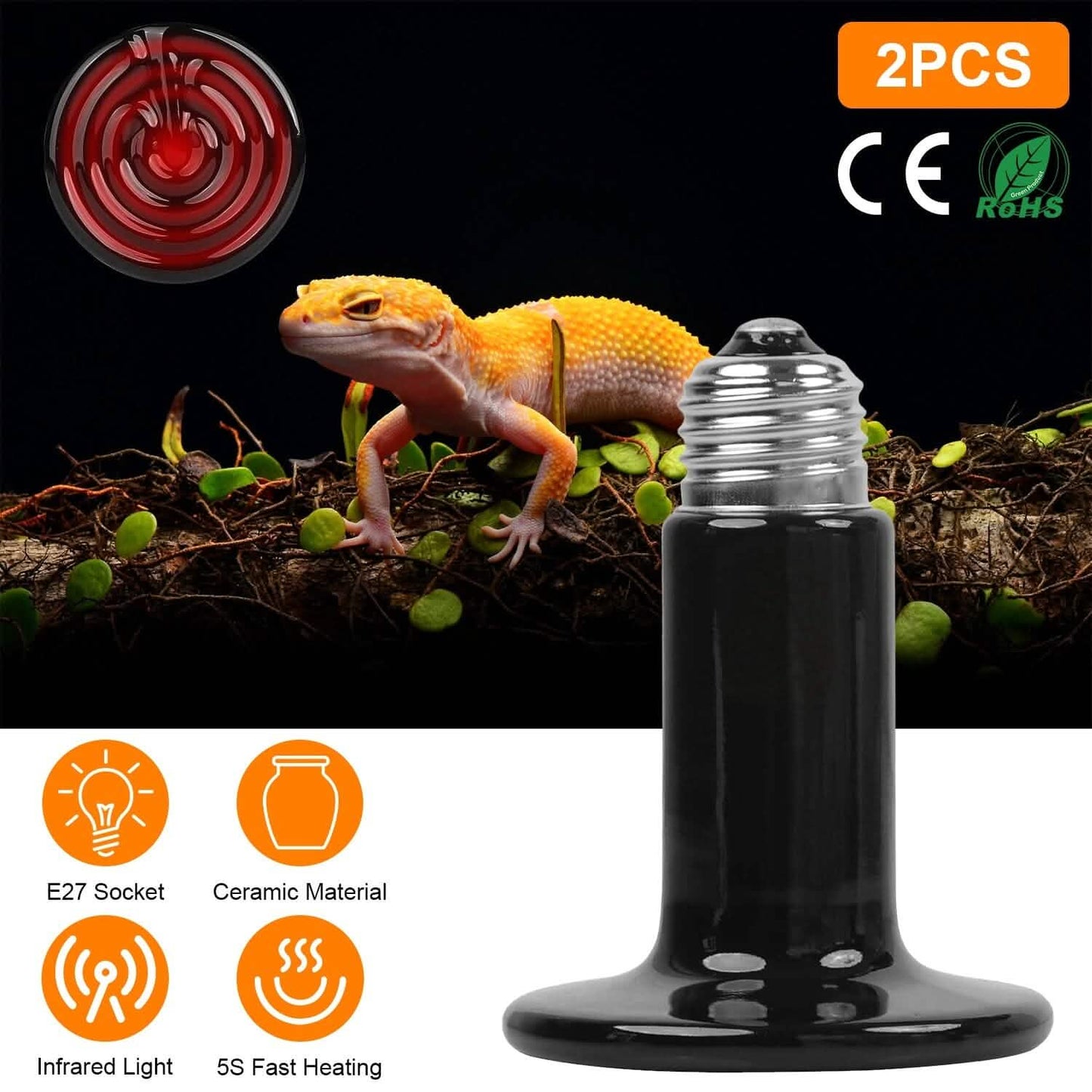2-Pieces: 150W Infrared Reptile Heat Lamp No Light Emitting