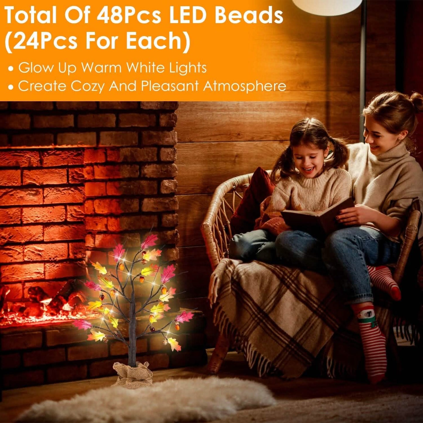 2-Pieces: 2FT Artificial Lighted Maple Tree with 24-Pieces Warm White LED Beads