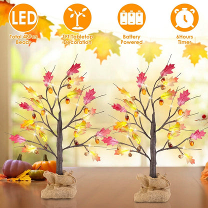 2-Pieces: 2FT Artificial Lighted Maple Tree with 24-Pieces Warm White LED Beads
