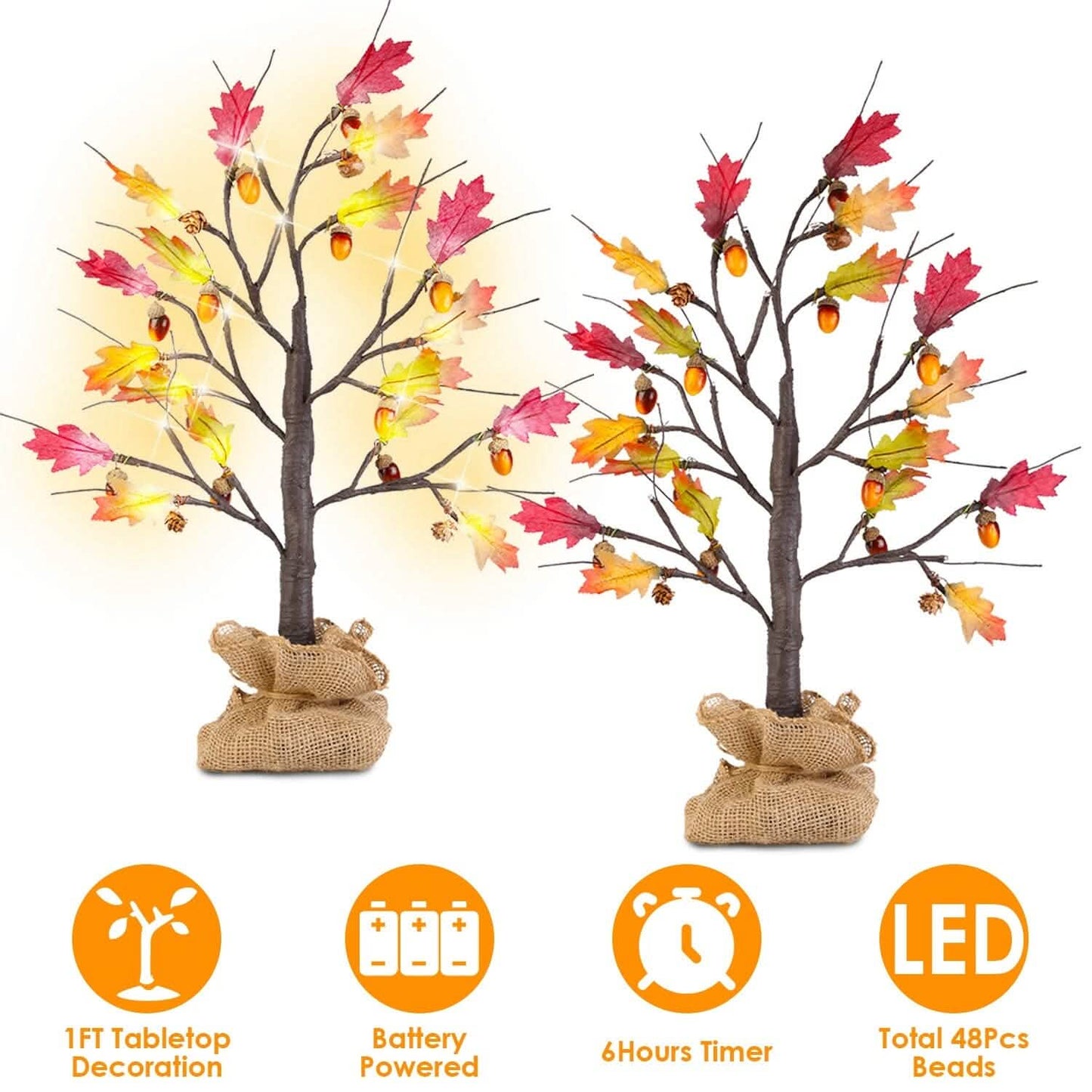 2-Pieces: 2FT Artificial Lighted Maple Tree with 24-Pieces Warm White LED Beads