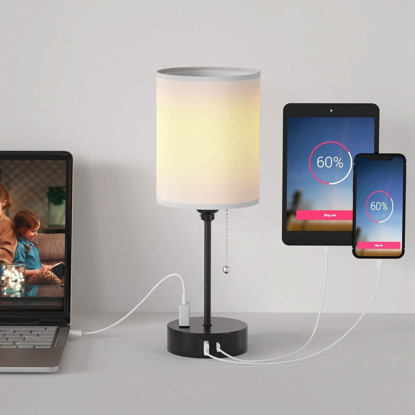 2-Pieces: Bedside Lamps 3 Color Modes USB C+A AC Output Ports Pull Chain