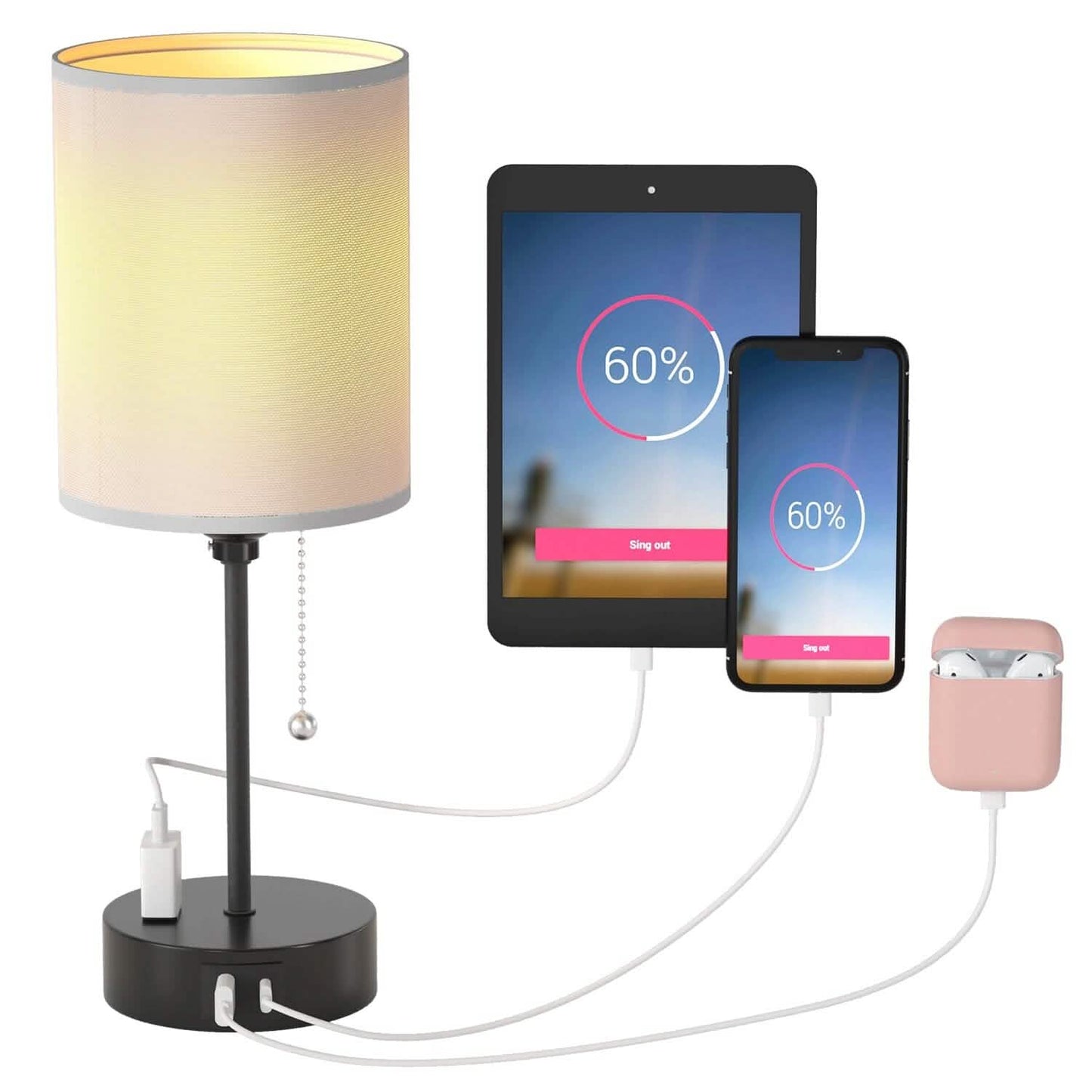 2-Pieces: Bedside Lamps 3 Color Modes USB C+A AC Output Ports Pull Chain