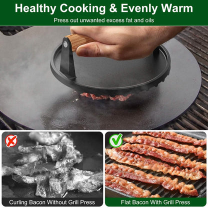 2-Pieces: Cast Iron Grill Press Pre-Seasoned Steak Weights Smash Burger Press