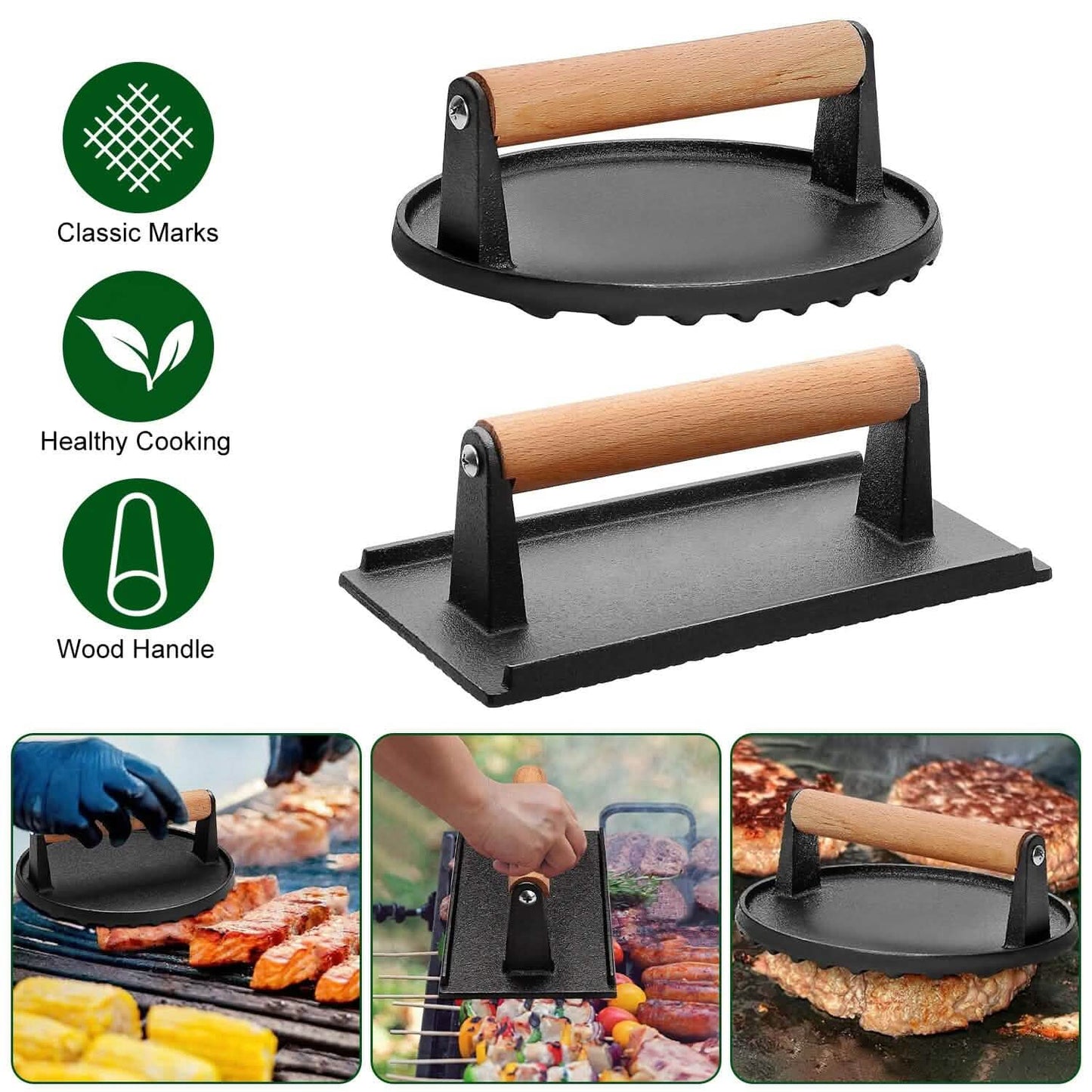 2-Pieces: Cast Iron Grill Press Pre-Seasoned Steak Weights Smash Burger Press