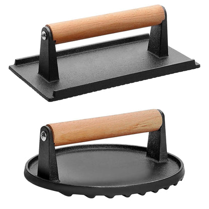 2-Pieces: Cast Iron Grill Press Pre-Seasoned Steak Weights Smash Burger Press