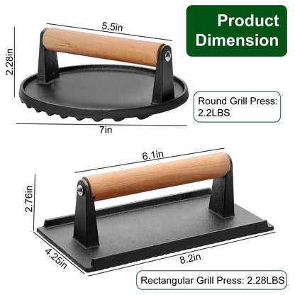 2-Pieces: Cast Iron Grill Press Pre-Seasoned Steak Weights Smash Burger Press