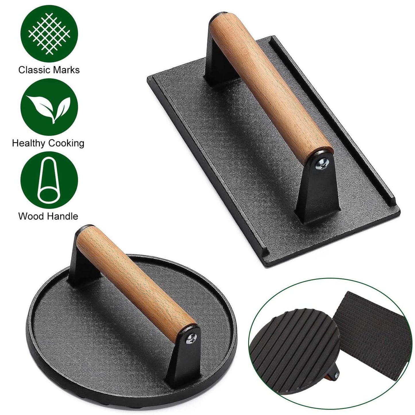 2-Pieces: Cast Iron Grill Press Pre-Seasoned Steak Weights Smash Burger Press